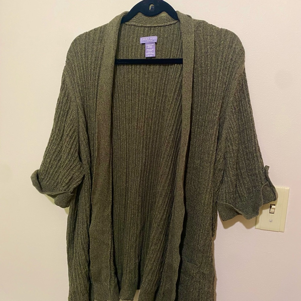 Laura Scott Olive Ribbed Cardigan with CUTE detailing!